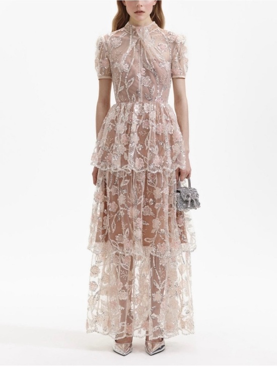 Self-Portrait Dresses & Skirts - Self-Portrait Blush Embroidered Tiered Maxi Dress Size US8, UK 12